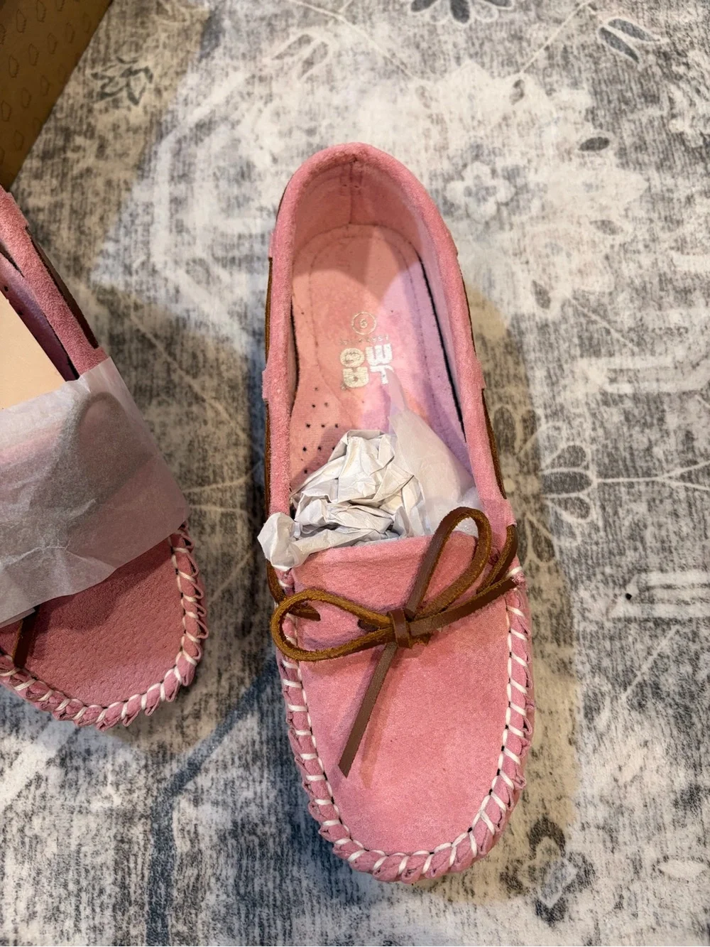 Lamo Pink Suede Moccasins with Brown Leather Laces